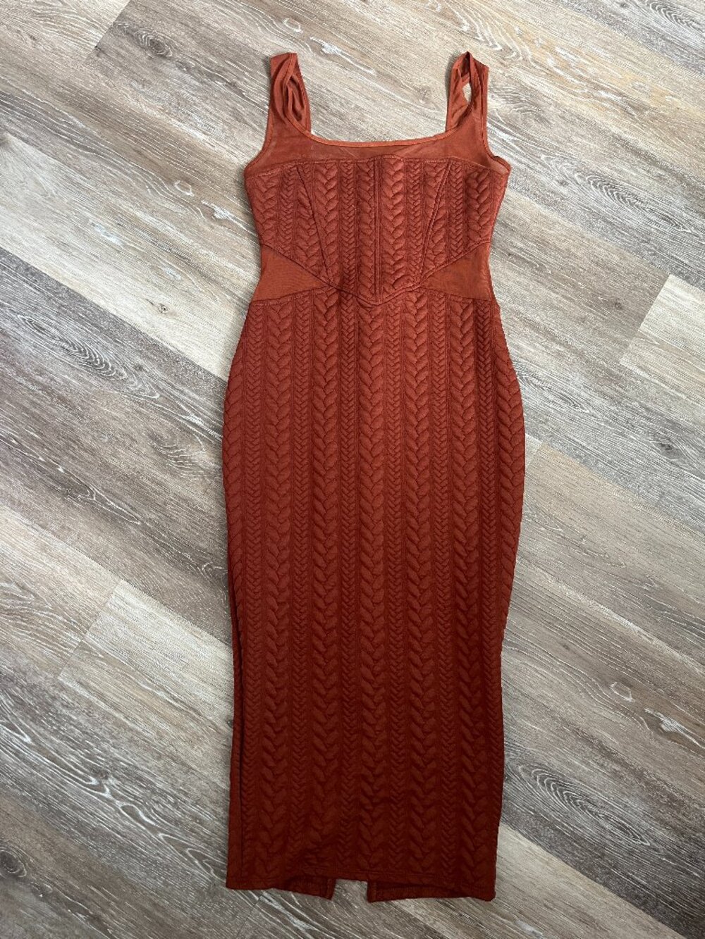 Amber / Copper Brown / Burnt Reddish Brown Midi Sheer Panel Dress